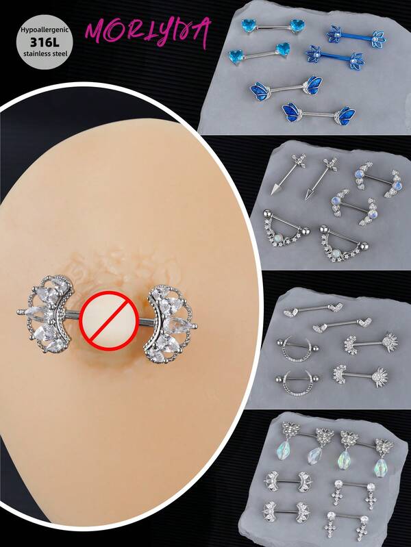 2pcs/Set Cute Sexy Blue Heart Rhinestone Nipple Rings Nipple Nails Stainless Steel Butterfly Nipple Rings Bow Crown Queen Nipple Stud Ball Sword Nipple Barbell Rings Nipple Piercing Jewelry For Women & Men For Dating Party Valentine Jewelry Valentine Nipple Piercing Jewelry Christmas Halloween Gift Valentine's Day Night Out Social Gatherings Daily Wear