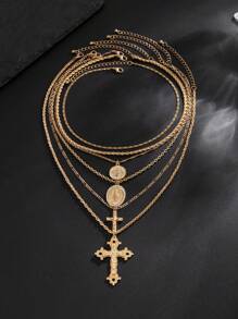 4pcs Vintage Chic Geometric Metal Cross Pendant Necklace Set, Multilayer Charm Necklaces For Men - Yellow Gold - View 10