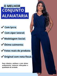 Conjunto Calça Pantalona Feminino e Blusa Regata Social Decote Elegante Wid Leg - Preto - Visão 7