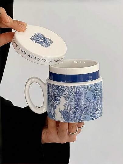 1 Stück handbemalte blau-weiße Katzen- & Vogel-Keramiktasse mit Deckel, französische blau-weiße Katzen Latte/Kaffeetasse mit Deckel, retro blau-weiße Katzen Milch/Saft Tasse, geeignet für Restaurant, Wohnzimmer, Café