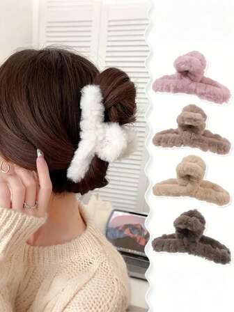 1/6pcs Fluffy Claw Hair Clips, Suitable For Women And Girls, Comfortable Warm Soft Fuzzy Hair Clips, Fit For Thick Hair, Autumn/Winter Hair Accessories, Daily Home/Office/School Hair Clips, Y2K Cute Hair Bun Fixers (Beige, Black, White, Pink, Blue) Furry Hair Claw Clips Fashion Hairpins