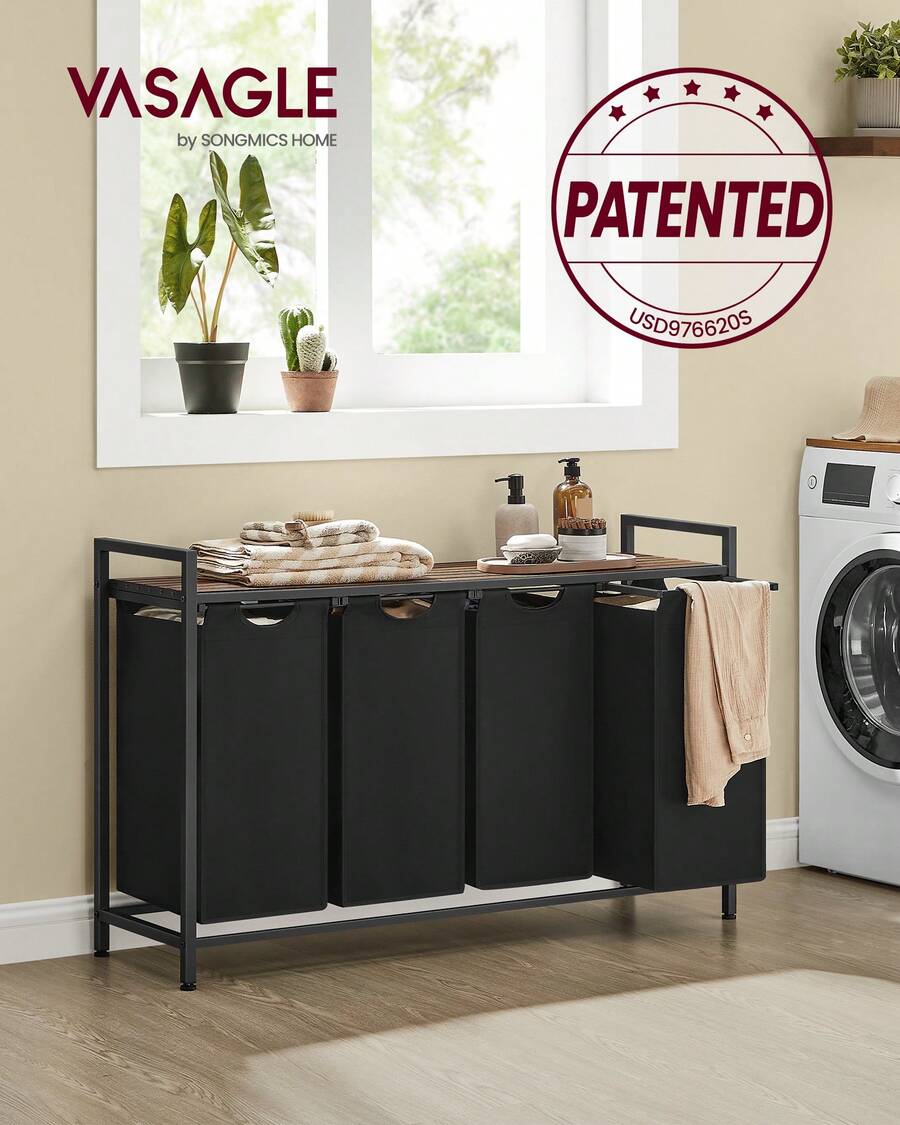 VASAGLE Laundry Hamper, Laundry Basket, Laundry Sorter With 4 Pull-Out And Removable Bags, Shelf, Metal Frame, 4 X 10.6 Gallons (40 L), 45.7 X 13 X 28.4 Inches - 墨黑色+鄉村棕 - 查看 1