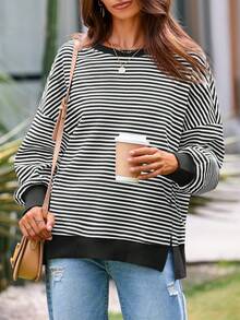 Women's Spring Oversized Outdoor Sweatshirt – Casual Waffle Knit Long Sleeve Crewneck Split Pullover Tunic Tops For Camping Or Hiking - màu đen - Xem 2