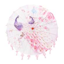 Retro Chinese Umbrella With Tassels Floral/Animal Print Silk Parasol Umbrella Photography Props