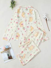 Women's Pajama Set, Long Sleeve Top & Comfortable Pants, Rabbit Print Design, Elegant Sleepwear For All Seasons - 米色 - 查看 2