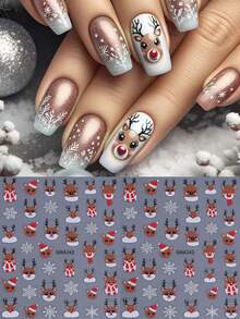 Cartoon Nail Stickers 2PCS Cute Deer White Snowflakes Nail Art Decals Festive Holiday Antlers Nail Art Designs Self Adhesive DIY 3D Stickers Manicure Decor Christmas Gift For Women Girl