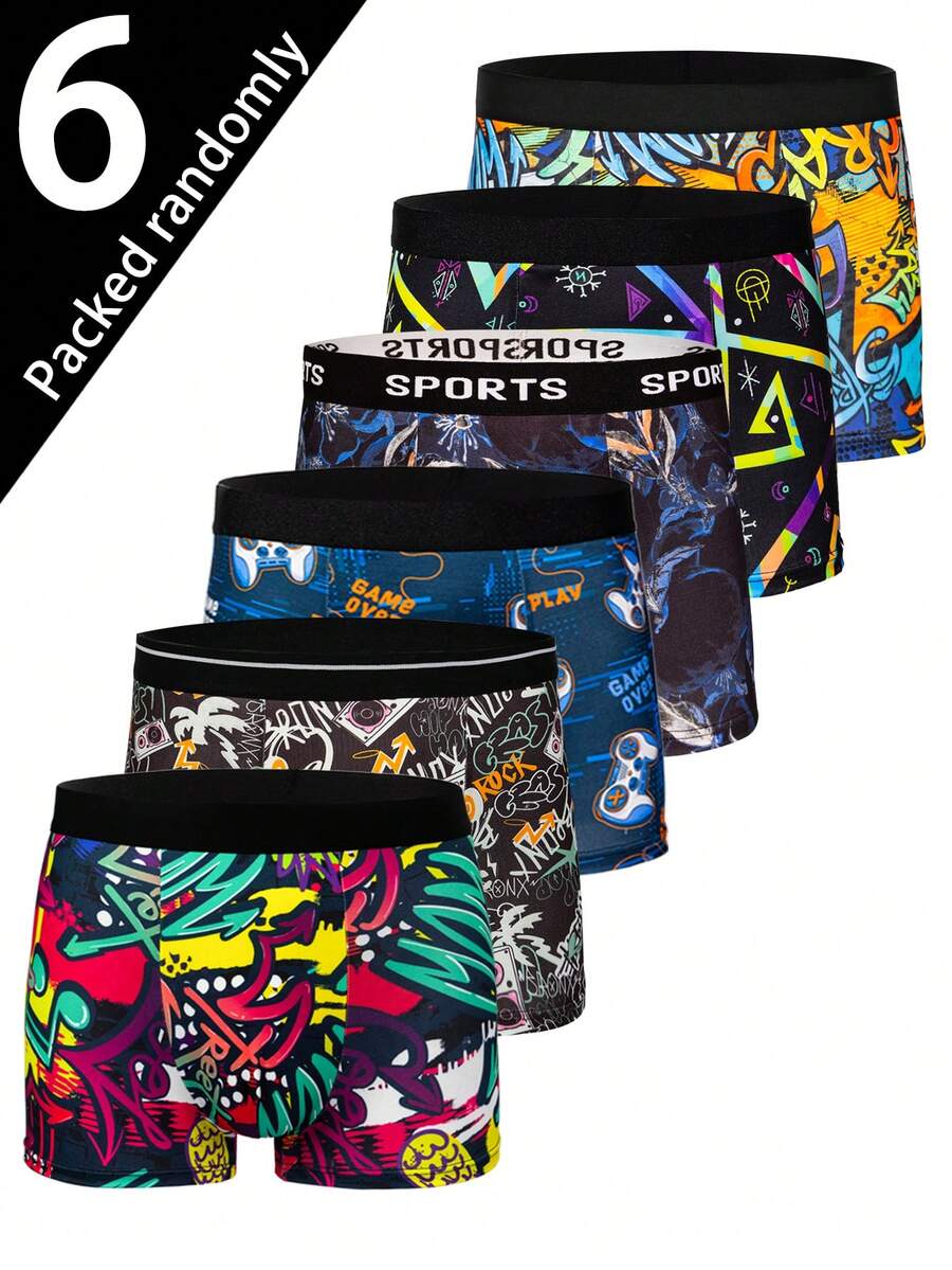 6 piezas/paquete Calzoncillos tipo bóxer de moda cómodos y con estampado de talle medio para hombres - Multicolor - Ver 1