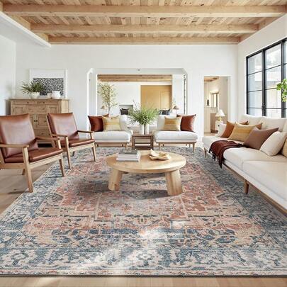 5x7 Area Rugs Living Room Bedroom, Washable Rug, Vintage Retro Boho Style, Non Slip Low Pile Faux Wool Thin Carpet Indoor Dining Room, Dorm And Room (Taupe/5x7ft)