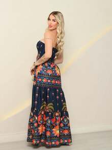 Look Of Millions!!! Long Strapless Dress With Floral Print - Dark Wash - View 2