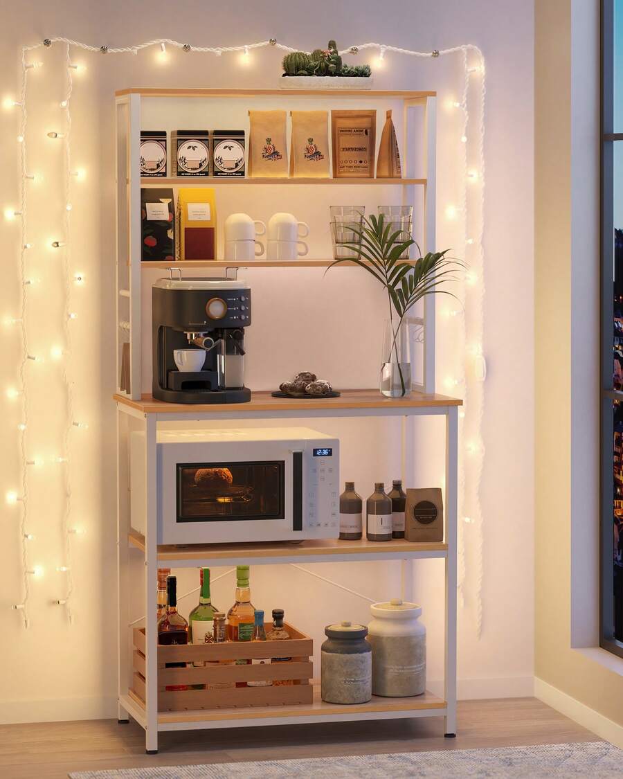 VASAGLE Étagère de Cuisine, Étagère pour Machine à Café, 6 Étagères, 6 Crochets, pour Four à Micro-ondes, Cadre en Acier, Style Industriel, 40 x 80 x 167 cm, Doré Chêne et Blanc Nuage - Blanc - Voir 1