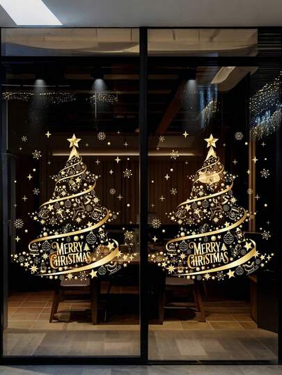 Golden Christmas Tree Window Clings Stickers For Glass, Large DIY Static Wall Window Door Mural Showcase Decal Sticker (1 Pack)  Christmas Decor  Christmas Decorations Wall Stickers Room Decor Wall Decor Christmas Decoration Home Decor