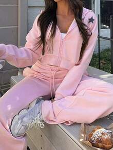 2pcs Set: Casual Versatile Hooded Zip-Up Star Print Sweatshirt Jacket And Drawstring Straight Leg Pants, Thermal Lined, New Autumn/Winter,Winter Clothes For Women,Two Pieces Set Women