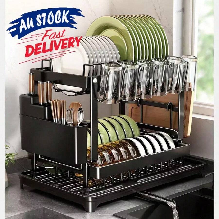 2 Tier Dish Drying Rack Plate Drainer Cutlery Holder Kitchen Organizer Storage-Foldable Dish Rack For Kitchen - Space Saving Black Utensil Holder - màu đen - Xem 1
