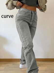 TOP四季新款街头简约日常休闲水洗纯色女款大码牛仔裤；适合通勤、居家、聚会、逛街 - 淺灰色 - 查看 4