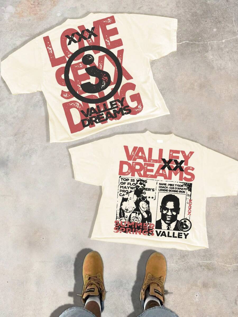 A 220-Gram Pure Cotton T-Shirt. The Back Has A Distressed Text Pattern Like "LOVE  DREAMS". The Front Features A "VALLEY DREAMS" Theme With Retro Poster-Style Character Images. Suitable For Men Who Like The Vintage Street Style For Daily Summer Wear. - 杏色 - 查看 1