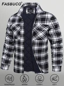 Men's Flannel Shirt Jacket Winter Warm Fleece Lined Plaid Coat Button Down Shirt With Pockets - Black - View 1