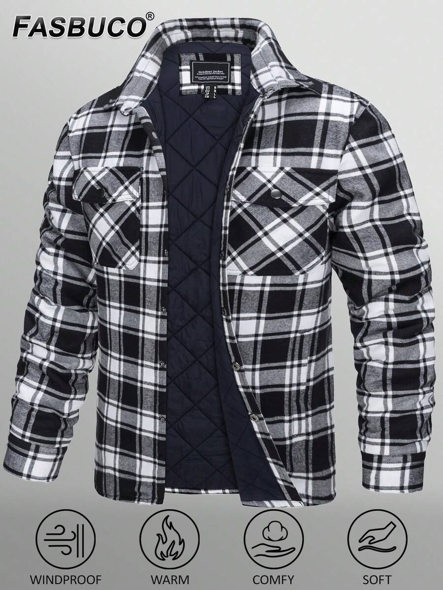 Men's Flannel Shirt Jacket Winter Warm Fleece Lined Plaid Coat Button Down Shirt With Pockets - Black - View 1