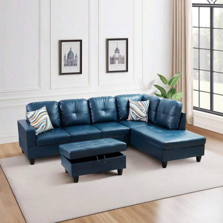 Luxury Peacock Blue Semi-PU Leather 3-Piece Sofa Set With Storage Ottoman - Premium Synthetic Leather Sectional Couch With Solid Wood Frame |[2 Options] Choose Full Set (With 2 Pillows)  Or Ottoman Only - 墨綠色 - 查看 1