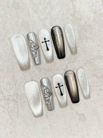 10 件 Y2K 蝴蝶翅膀装饰美甲套装，包含金属猫眼、水钻、蜘蛛网图案、可重复使用的指甲贴，适合派对、音乐会，轻巧奢华