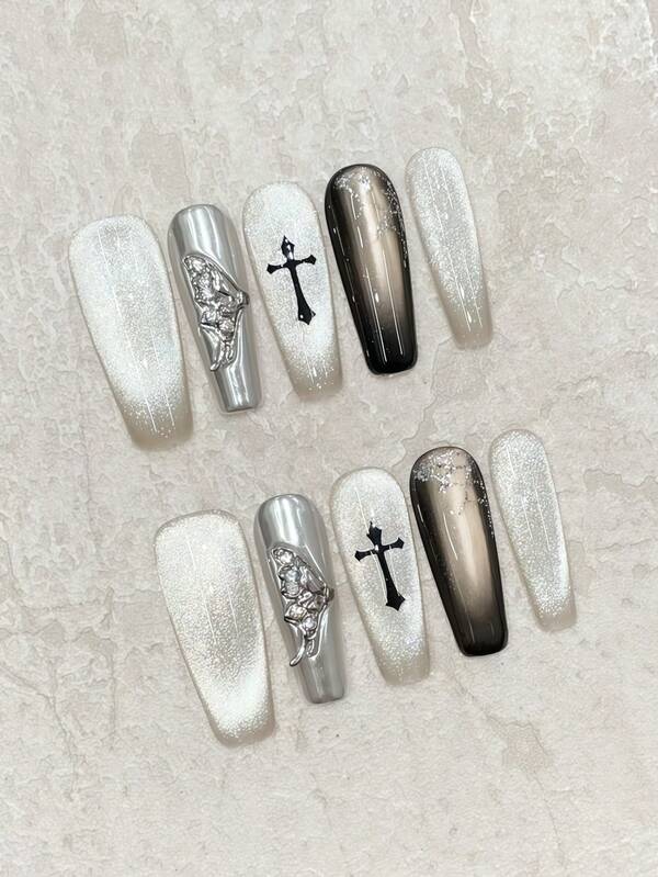 10pcs Y2K Butterfly Wing Decor Nail Art Set, Includes Metallic Cat Eye, Rhinestone, Spider Web Designs, Reusable Nail Tips, Suitable For Parties, Concerts, Lightweight And Luxurious