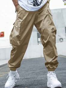 1pc Tween Boys Loose Fit Solid Color Cargo Pants, Suitable For Commuting, School, Casual, Travel - Camel - View 3