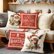 MEMNUN 4 Stück Weihnachts-Vintage-Muster mit Weihnachtsmann, Rentier, Katze auf Polyester Kissenbezügen [ohne Kissenfüllung], 45 x 45 cm, [einseitiger Muster] Frohe Weihnachten Kissenbezüge für Sofa, Bett, Wohnzimmer, Schlafzimmer, Auto, Büro, Hotel Dekoration, Weihnachtsgeschenke für Familie und Freunde