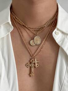 4pcs Vintage Chic Geometric Metal Cross Pendant Necklace Set, Multilayer Charm Necklaces For Men - Yellow Gold - View 3
