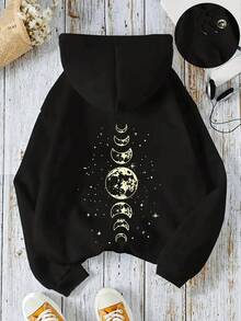 Thanksgiving Outfit Women Moon Print Kangaroo Pocket Hoodie, Casual Long Sleeve Drawstring Hooded Sweatshirt For Fall & Winter, Women's Clothing Winter Clothes For Women - 黑色 - 查看 1