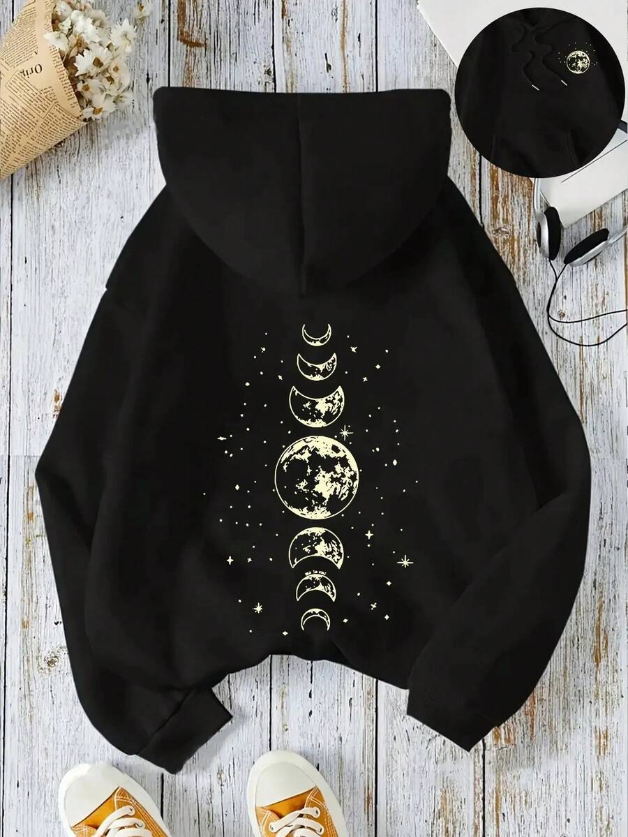 Thanksgiving Outfit Women Moon Print Kangaroo Pocket Hoodie, Casual Long Sleeve Drawstring Hooded Sweatshirt For Fall & Winter, Women's Clothing Winter Clothes For Women - 黑色 - 查看 1
