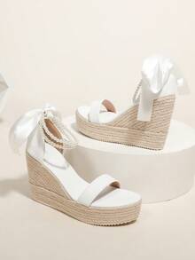 Sandalias de plataforma y cuña para mujer, estilo coreano de verano, versátiles, con suela gruesa, tacón súper alto y tejido de paja - Blanco - Ver 6