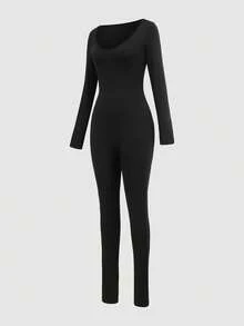 Black U-Shaped Neck And Long Sleeve Jumpsuit Suitable For Spring And Autumn