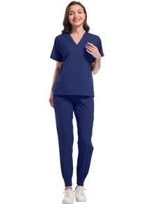 Conjunto De Uniforme Clínico Quirúrgico De Dos Piezas Con Manga Corta, Cuello En V y Bolsillos Funcionales Para Uso Profesional En Tela De Poliéster y Spandex - Azul Marino - Ver 3