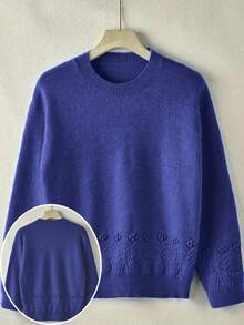 Plus Size Casual Solid Color Round Neck Drop Shoulder Long Sleeve Sweater, Autumn/Winter - Royal Blue - View 2
