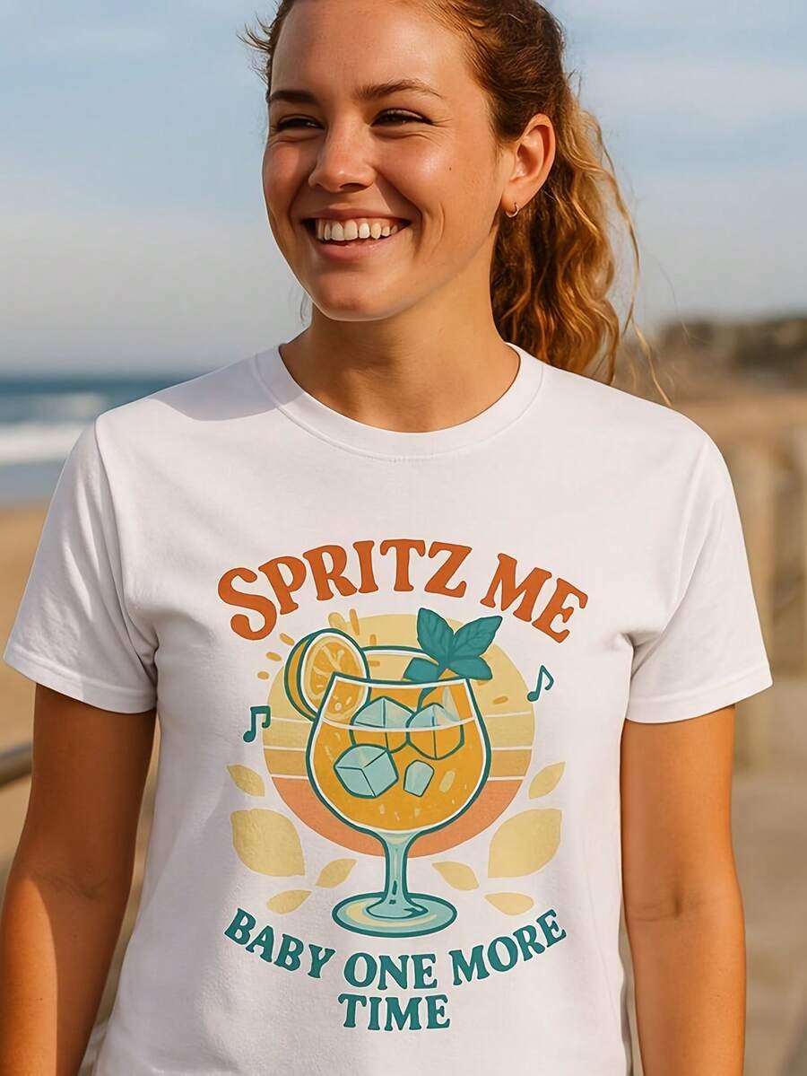 Funny Aperol Spritz Shirt – "Spritz Me One More Time" Wo's T-Shirt, Summer Tail 220G Heavyweight Cotton Women's Top – Crafted From Premium Thick Cotton With A Soft Yet Durable Feel, Delivering Breathable Comfort From Morning To Night. Perfect For Everyday Wear, Travel, Casual Outings, Sports, Or Layering During Cooler Days. A Versatile And Fashionable Choice For Street Style, Relaxing At Home, Or Staying Active Outdoors. - 白2 - 查看 1
