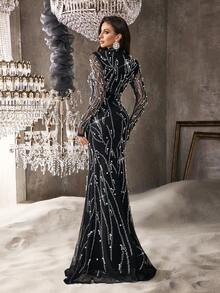 Elisanya Vestido Longo Feminino Slim Brilhante de Manga Longa com Aplicações de Strass e Miçangas na Cor Laranja Damasco para Jantar, Banquete, Festa de Coquetel - Preto - Visão 3