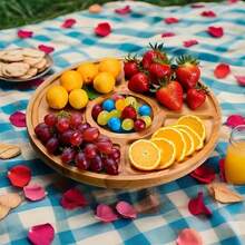 صينية خشبية للخدمة، طبق دائري من البامبو والخشب، به 5 أقسام لتقديم الحلوى والمكسرات والفواكه - طبق مقبلات دائري