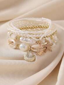 7Pcs Boho Chic Marine Life Pendant Shell Beaded Bracelet Set,Stackable Design For Women's Daily Wear, Great Women's Jewelry Gift(Marine Life Random Patterns)