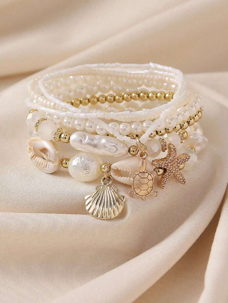 7Pcs Boho Chic Marine Life Pendant Shell Beaded Bracelet Set,Stackable Design For Women's Daily Wear, Great Women's Jewelry Gift(Marine Life Random Patterns)
