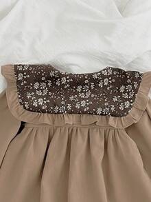 Baby Girls Retro Floral High Collar Long Sleeve Bodysuit, Baby Girl Princess Ruffle Snap Crotch Bodysuit, Spring/Autumn - Brown - View 5