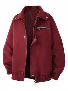 Boys' Casual Button & Zipper Red Jacket - Burgundy - View 3