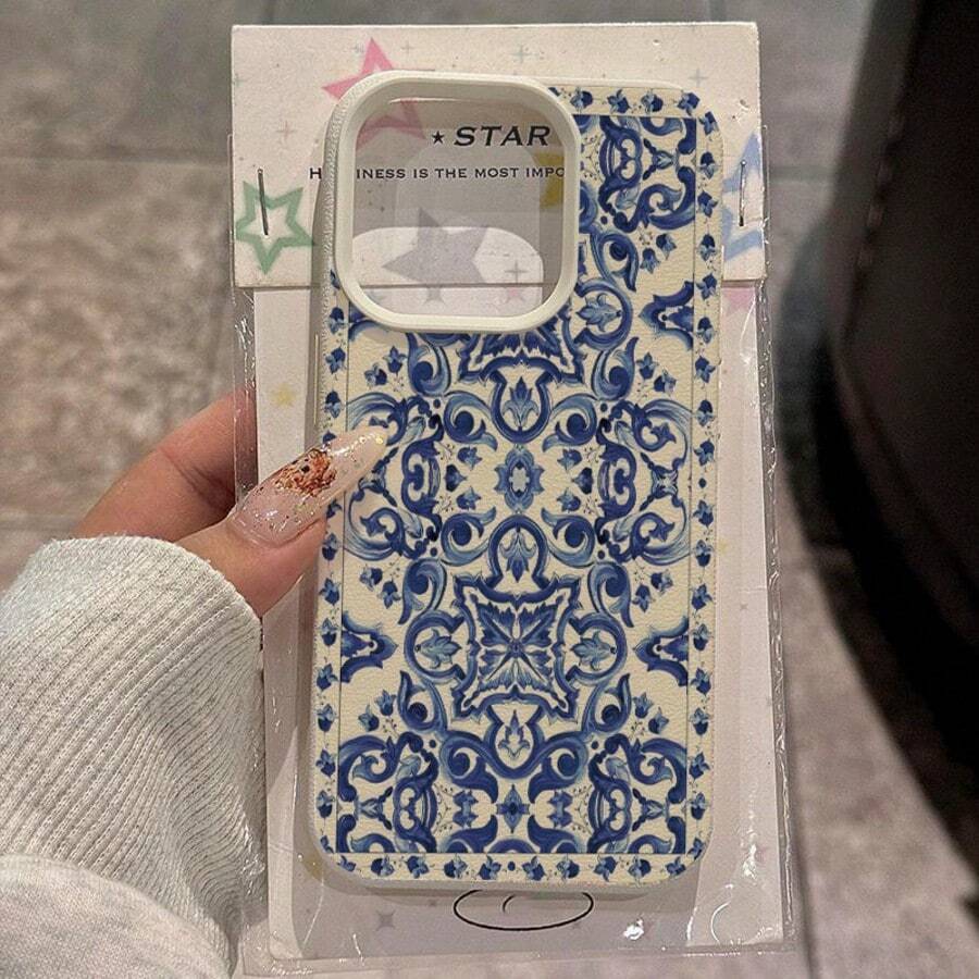 1pc TPU Material Blue Elegant Floral Pattern Full Screen Phone Case Compatible With Apple/ Phones - White - View 1