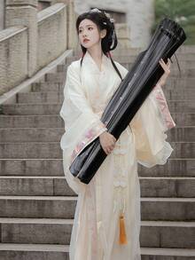 2025 Improved Chinese Traditional Hanfu Dress, 3 Pieces Set, Daily Commute & Travel Photography, Elegant Water Ink Jacquard Skirt - White - View 2