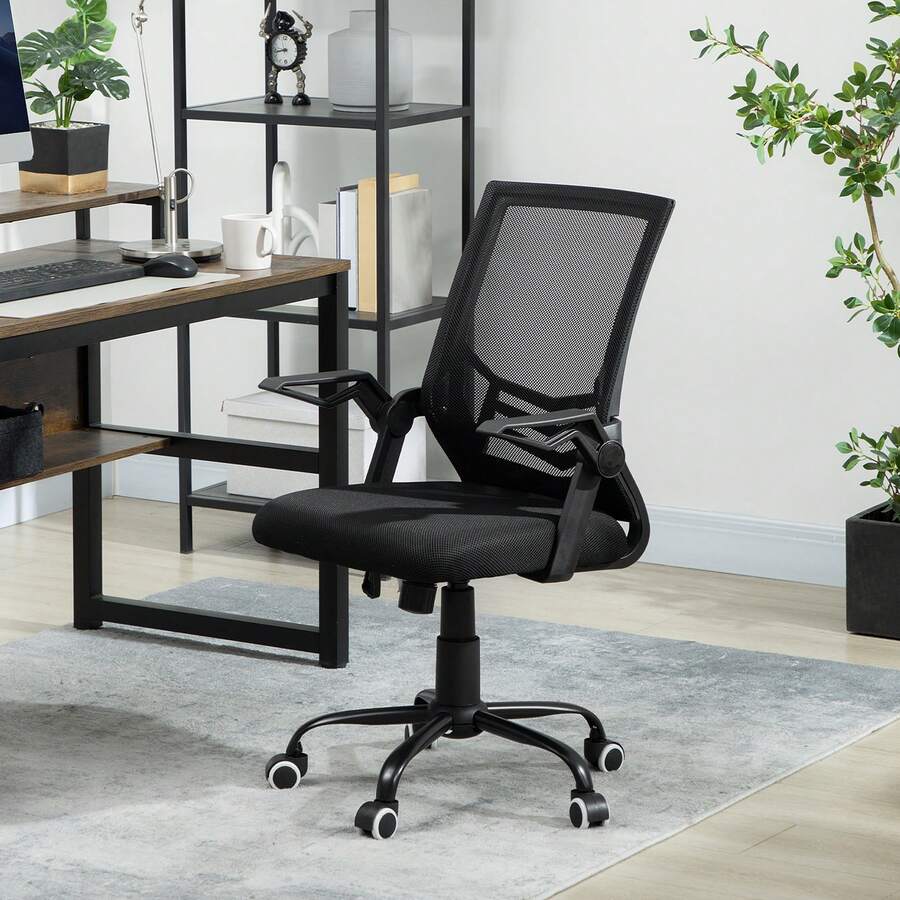 Vinsetto Mesh Office Chair With Flip-Up Armrest, Swivel Computer Chair With Lumbar Support, Adjustable Height, Tilt Function For Home/Office, Black - Black - View 1