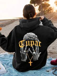 Sudadera con capucha elegante y versátil para mujeres con estampado de letras - Negro - Ver 2