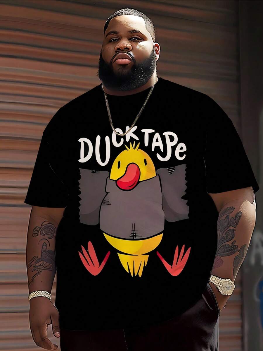 大码男士休闲圆领 T 恤，涤纶针织面料，舒适透气，时尚撞色格子印花，趣味卡通鸭子图案设计，新颖上衣 - 黑色 - 查看 1