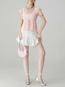 Women's Summer Slim Cropped Tops Flying Sleeve Square-Neck Tie Bow Front Jacquard T-Shirt - Hồng - Xem 7