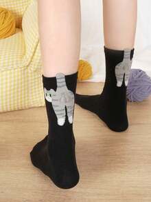 2双猫咪铃铛图案休闲中筒袜，趣味可爱，适合夏季穿着。新颖创意抽象3D猫咪袜，可爱猫咪、鸡蛋、铃铛图案趣味船袜，适合夏季穿着。立体猫咪鸡蛋袜，中筒袜。 - 彩色 - 查看 15