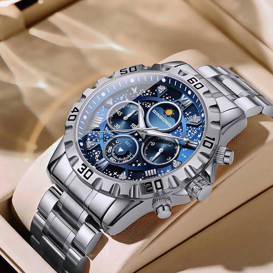 POEDAGAR True Galaxy Luxury Watch For Man Quartz Sports Watch Waterproof Luminous Stainless Steel Real Chronograph Men's Watches Clock Sun Moon Stars Dad Brother Partners Birthday Holidays Exam Back To School Essentials Japan Quartz Movement - Premium Built-In Ultra-Long Battery Life
