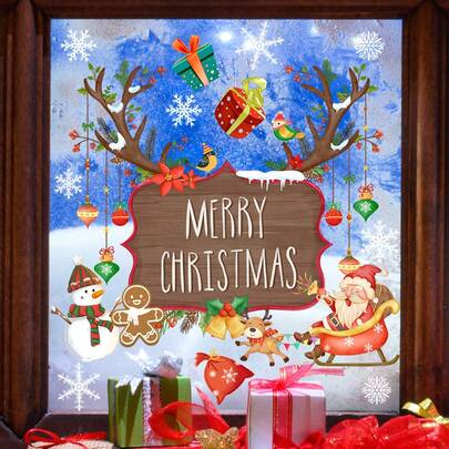1pc Christmas Wooden Sign English Santa Claus Snowman Static Cling Window Sticker Home Decor Christmas Decorations Room Decor Christmas Decorations Home