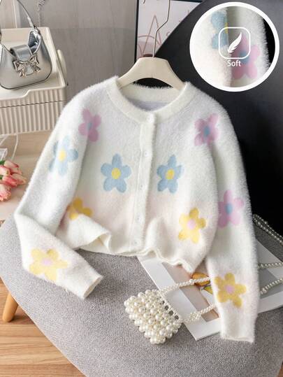 Chaqueta de punto corta con estampado floral y ribete de piel sintética para niñas, adecuada para uso casual en primavera, otoño e invierno